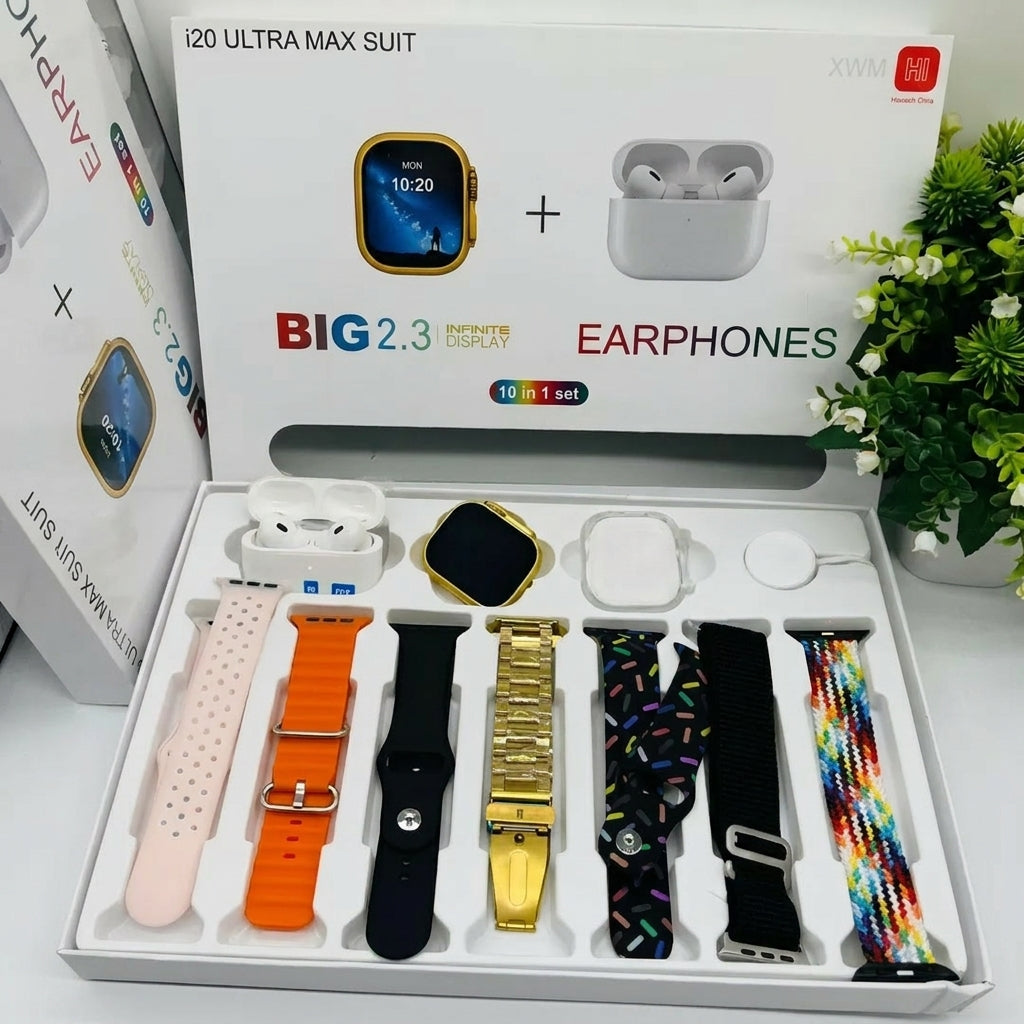 i20 Ultra Max Smartwatch + Earbuds Combo (10-in-1)